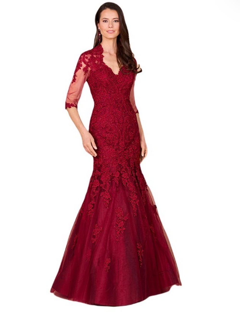 LARA Women's Long Sleeve, Mermaid Lace Gown Elegant Red Evening Dress 16